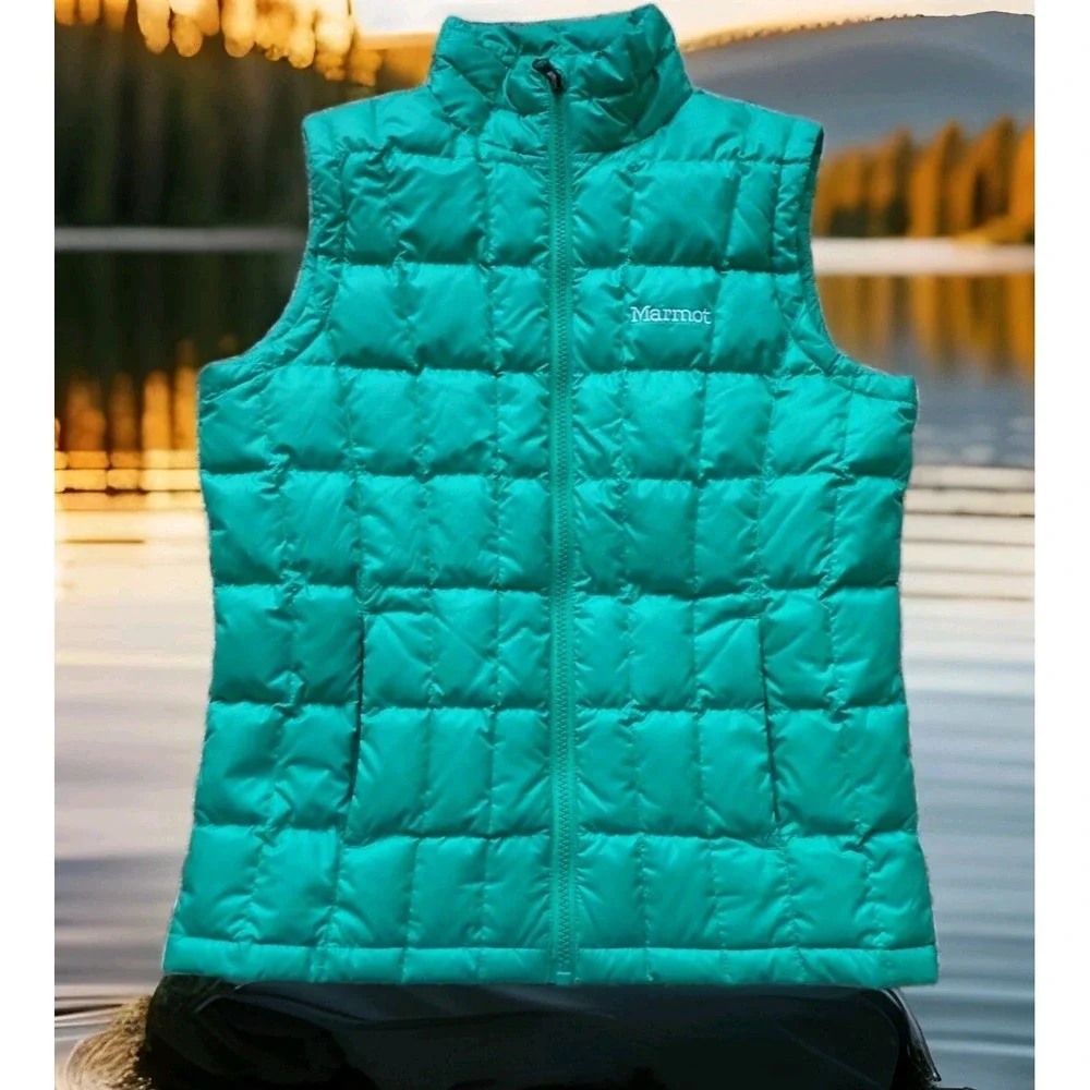 Marmot Puffer Vest Girls Large Green Excellent Down Quilted Full‎ Zip Sleeveless